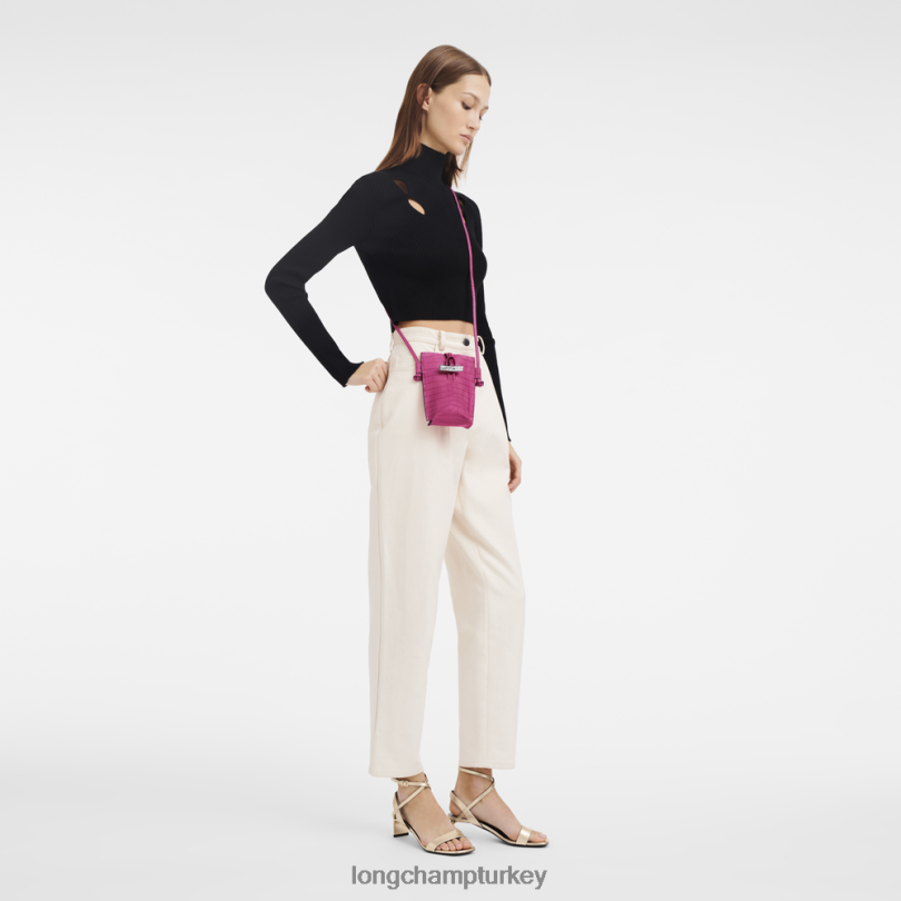 Longchamp deri ürünleri fuşya kadınlar roseau croco dantelli telefon kılıfı NJPBL689